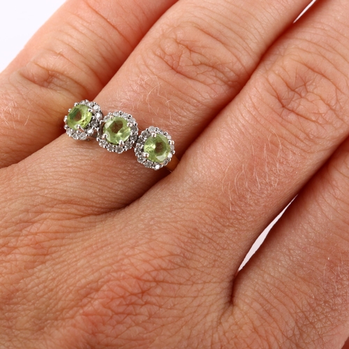 204 - A modern 9ct gold peridot and diamond triple cluster ring, set with round-cut peridot and modern rou... 