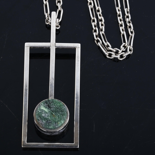 218 - MEYER - a large Danish sterling silver and green quartz modernist pendant necklace, on unmarked whit... 