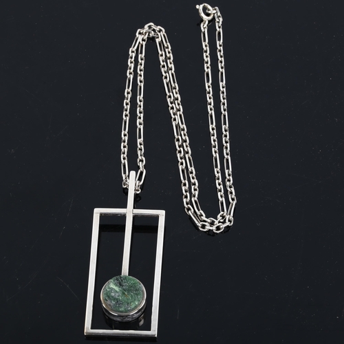 218 - MEYER - a large Danish sterling silver and green quartz modernist pendant necklace, on unmarked whit... 