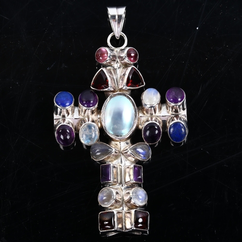 219 - A large silver gem set cross pendant, gemstones include garnet lapis lazuli pearl etc, pendant heigh... 