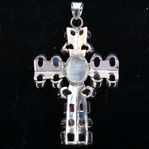 219 - A large silver gem set cross pendant, gemstones include garnet lapis lazuli pearl etc, pendant heigh... 