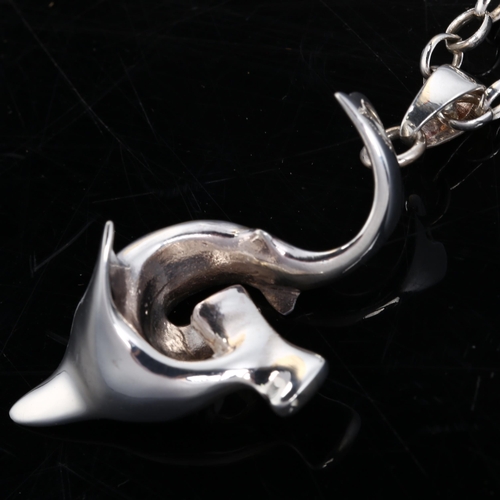 220 - A heavy sterling silver figural hammerhead shark pendant necklace, on silver belcher link chain, pen... 