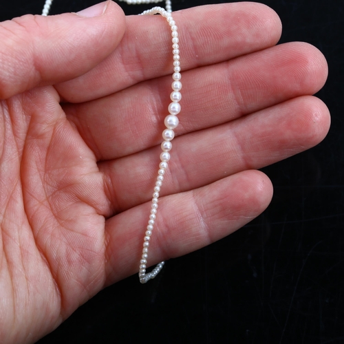 226 - A fine graduated single-strand seed pearl necklace, with unmarked white metal diamond set clasp, pea... 