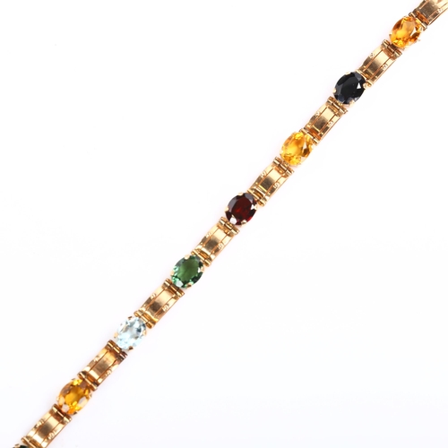 227 - A Continental 18ct rose gold gem set line bracelet, set with oval mixed-cut gemstones, including gar... 