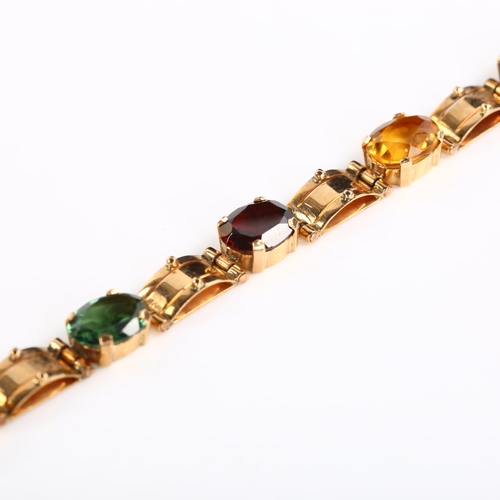 227 - A Continental 18ct rose gold gem set line bracelet, set with oval mixed-cut gemstones, including gar... 