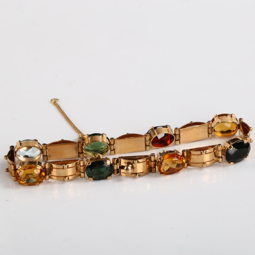 227 - A Continental 18ct rose gold gem set line bracelet, set with oval mixed-cut gemstones, including gar... 