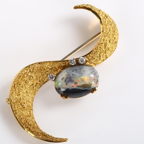 228 - A 1970s Continental 18ct gold opal and diamond modernist abstract brooch, textured S shape design se... 