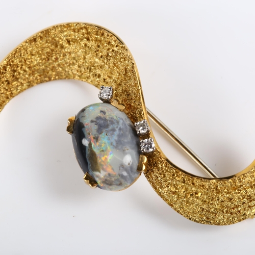 228 - A 1970s Continental 18ct gold opal and diamond modernist abstract brooch, textured S shape design se... 