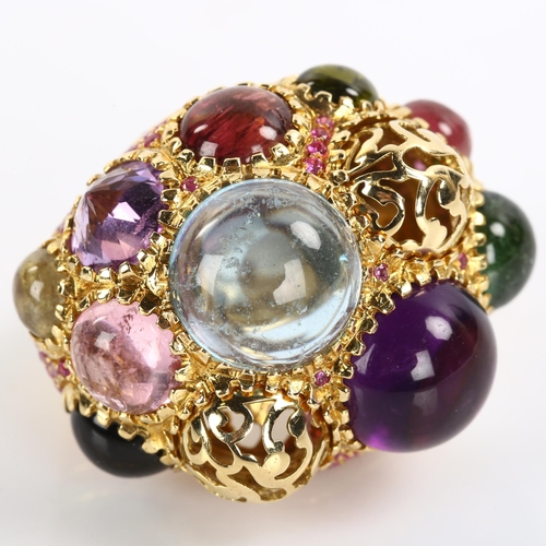 230 - A large Italian 18ct gold gem set bombe ring, set with round cabochon and inverted round-cut gemston... 