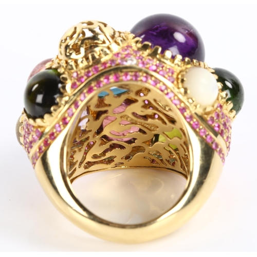 230 - A large Italian 18ct gold gem set bombe ring, set with round cabochon and inverted round-cut gemston... 