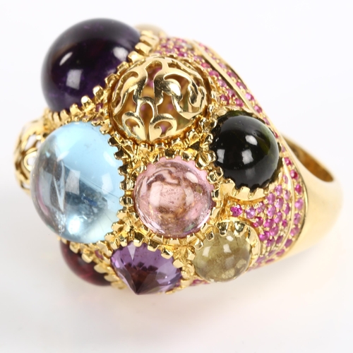 230 - A large Italian 18ct gold gem set bombe ring, set with round cabochon and inverted round-cut gemston... 