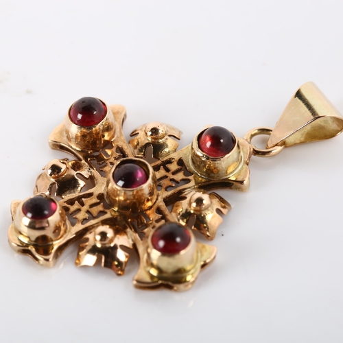 232 - A Byzantine garnet cross pendant, unmarked rose gold settings test as 9ct set with round cabochon ga... 