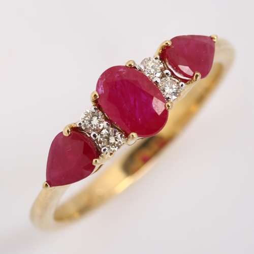 233 - A 9ct gold ruby and diamond dress ring, set with oval mixed and pear-cut rubies and modern round bri... 