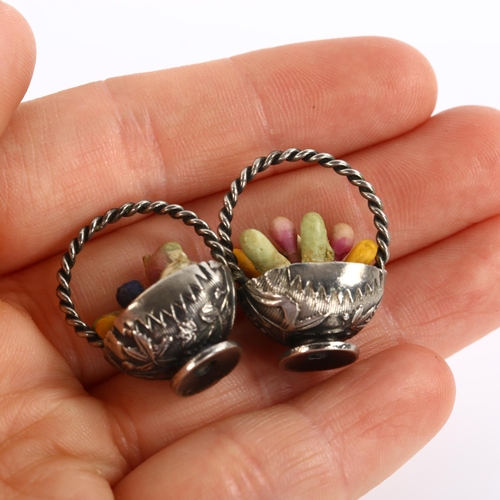 234 - A pair of early 20th century Giardinetti earrings, unmarked silver settings, modelled as a basket of... 