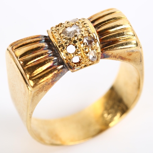 235 - A late 20th century diamond bow ring, unmarked gold settings with rose-cut diamonds, setting height ... 