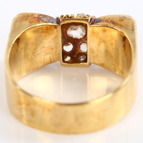 235 - A late 20th century diamond bow ring, unmarked gold settings with rose-cut diamonds, setting height ... 