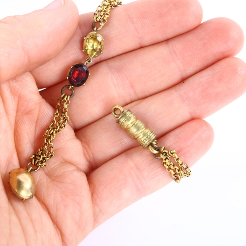 237 - An Antique citrine and garnet part necklace/bracelet, unmarked yellow metal closed-back settings, ov... 