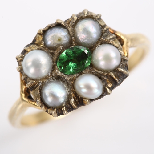 239 - An Antique green stone and pearl cluster memorial ring, unmarked yellow metal closed-back settings, ... 