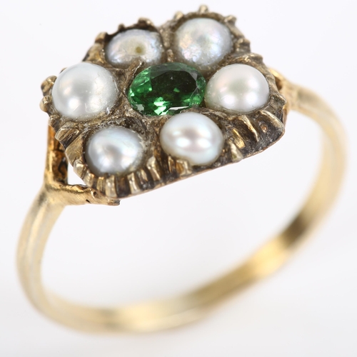 239 - An Antique green stone and pearl cluster memorial ring, unmarked yellow metal closed-back settings, ... 