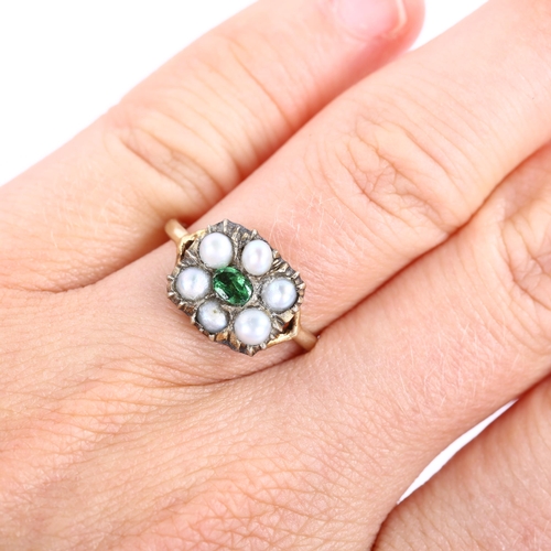 239 - An Antique green stone and pearl cluster memorial ring, unmarked yellow metal closed-back settings, ... 