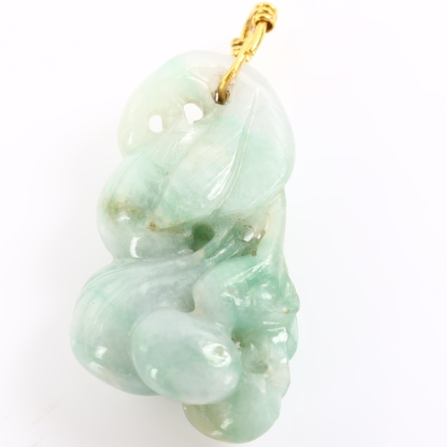 240 - A Chinese jade gourd fruit pendant, unmarked yellow metal wire mount, pendant height 42.2mm, 13.8g