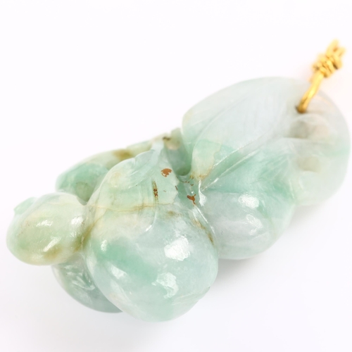 240 - A Chinese jade gourd fruit pendant, unmarked yellow metal wire mount, pendant height 42.2mm, 13.8g