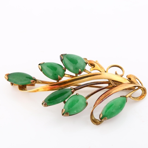 242 - A Chinese 14ct gold jade floral brooch, set with marquise and pear cabochon jade, signed, brooch len... 