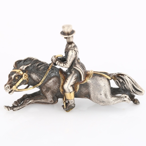 243 - An unusual cast horse and rider pendant/brooch?, unmarked silver and gold settings realistically mod... 