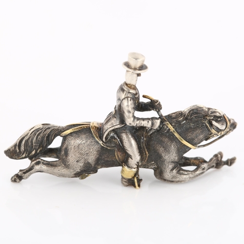 243 - An unusual cast horse and rider pendant/brooch?, unmarked silver and gold settings realistically mod... 