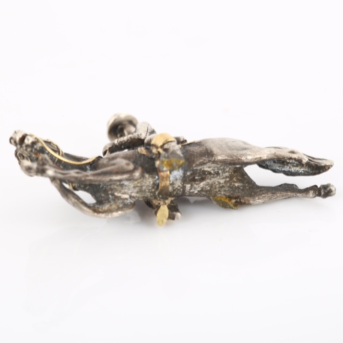 243 - An unusual cast horse and rider pendant/brooch?, unmarked silver and gold settings realistically mod... 