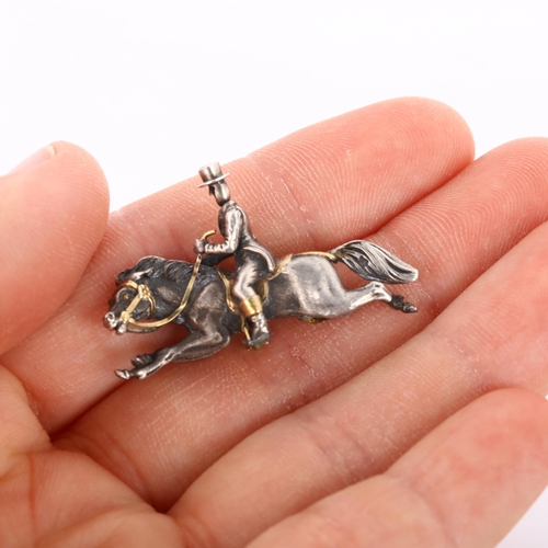 243 - An unusual cast horse and rider pendant/brooch?, unmarked silver and gold settings realistically mod... 