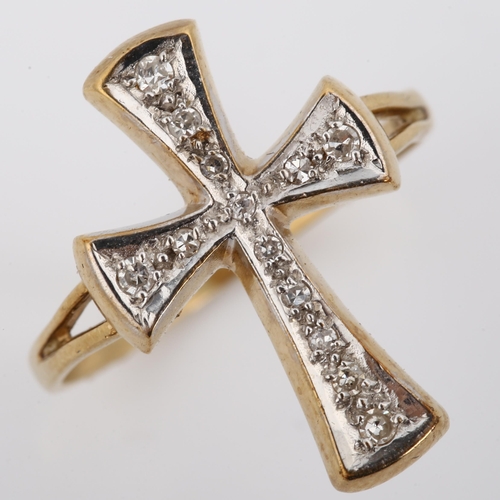 244 - A 9ct gold diamond cross ring, set with single-cut diamonds, setting height 20.1mm, size M, 2.2g