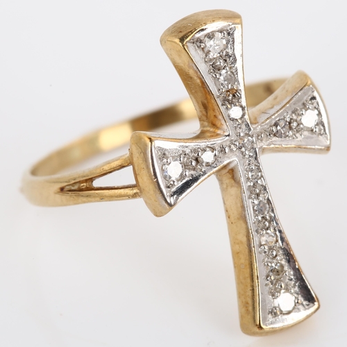 244 - A 9ct gold diamond cross ring, set with single-cut diamonds, setting height 20.1mm, size M, 2.2g