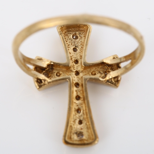 244 - A 9ct gold diamond cross ring, set with single-cut diamonds, setting height 20.1mm, size M, 2.2g