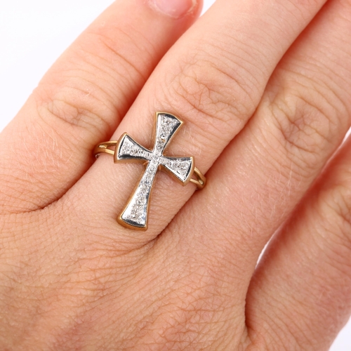 244 - A 9ct gold diamond cross ring, set with single-cut diamonds, setting height 20.1mm, size M, 2.2g