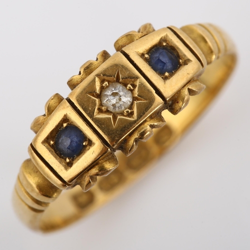 245 - A 19th century 18ct gold three stone sapphire and diamond dress ring, set with old-cut diamond and s... 