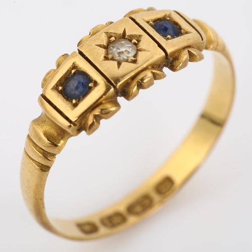 245 - A 19th century 18ct gold three stone sapphire and diamond dress ring, set with old-cut diamond and s... 