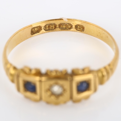 245 - A 19th century 18ct gold three stone sapphire and diamond dress ring, set with old-cut diamond and s... 