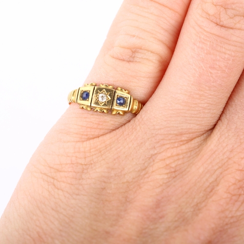 245 - A 19th century 18ct gold three stone sapphire and diamond dress ring, set with old-cut diamond and s... 