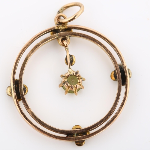 246 - An Edwardian 9ct rose gold peridot and pearl openwork pendant, pendant height 32mm, 2.3g