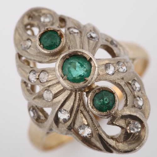 251 - An emerald and white sapphire cocktail ring, unmarked gold and silver settings, setting height 21.2m... 