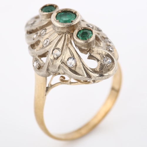 251 - An emerald and white sapphire cocktail ring, unmarked gold and silver settings, setting height 21.2m... 