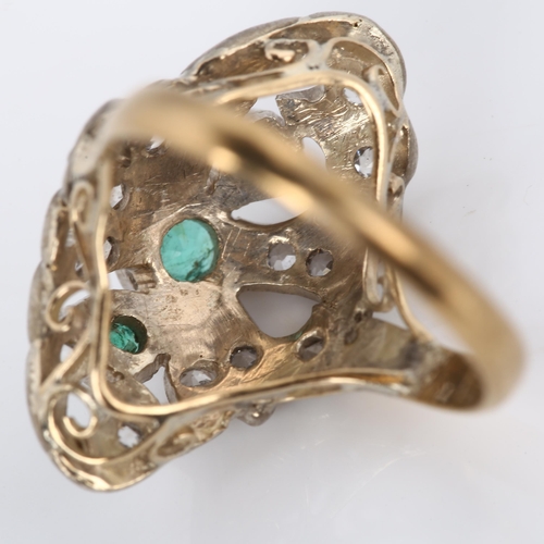 251 - An emerald and white sapphire cocktail ring, unmarked gold and silver settings, setting height 21.2m... 