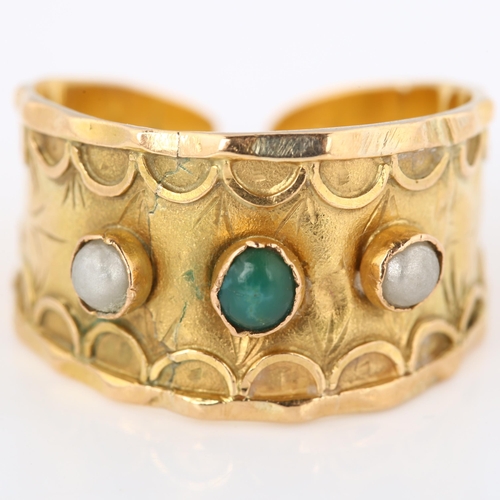 252 - A French gold turquoise and pearl torque ring, with engraved band decoration, setting height 11.7mm,... 