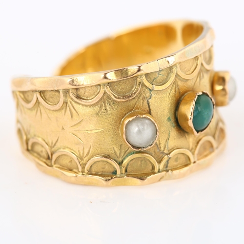 252 - A French gold turquoise and pearl torque ring, with engraved band decoration, setting height 11.7mm,... 