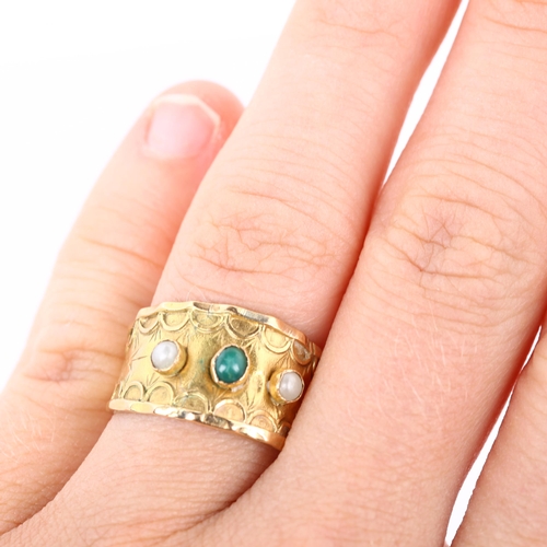 252 - A French gold turquoise and pearl torque ring, with engraved band decoration, setting height 11.7mm,... 