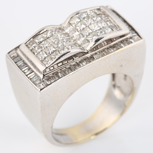 254 - A large and heavy modern 18ct white gold diamond cluster ring, modelled as an open book, pave set wi... 