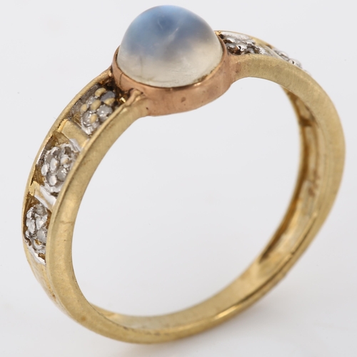 255 - A modern 9ct gold moonstone and diamond dress ring, set with round high cabochon moonstone and singl... 