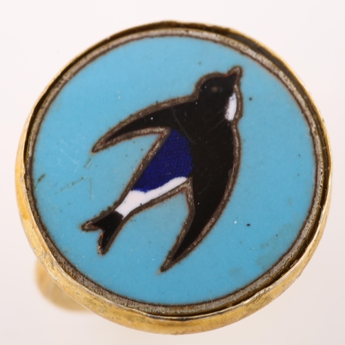 256 - A modern enamel house martin bird ring, unmarked silver-gilt settings, setting diameter 20.8mm, size... 