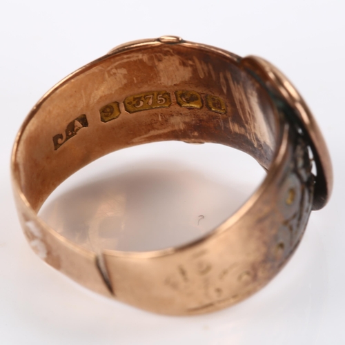 262 - An early 20th century 9ct rose gold belt buckle band ring, engraved floral decoration, maker's marks... 